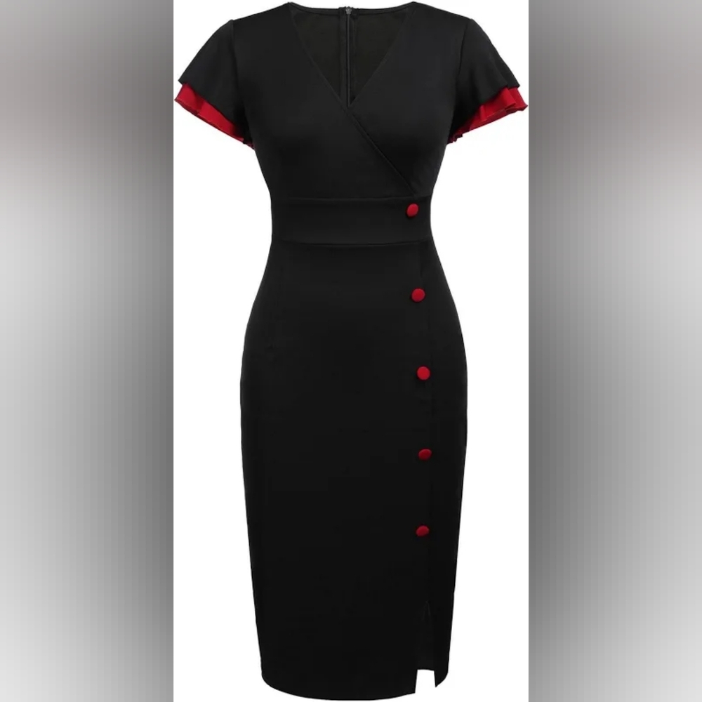 Retro Stage Cocktail Button Split Bodycon Dress XL NWT